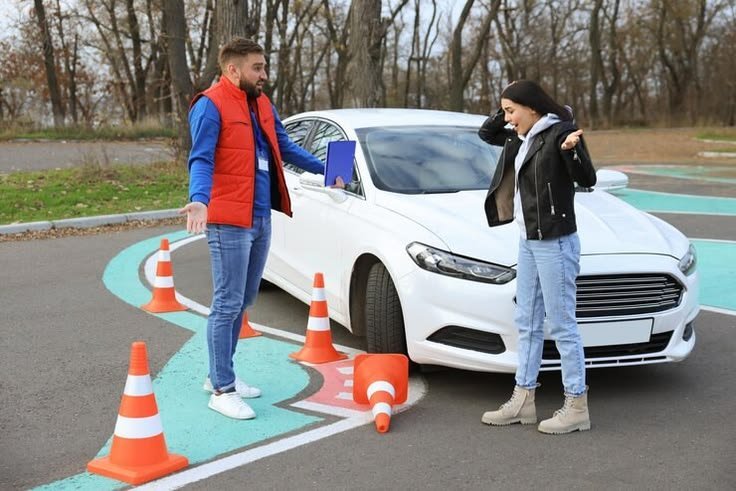 Un moniteur et une élève discutent devant une voiture blanche, sur un terrain d'entraînement avec des plots